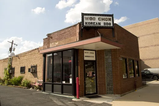 Woo Chon Korean BBQ restaurant front entrance on N California Ave in Peterson Woods