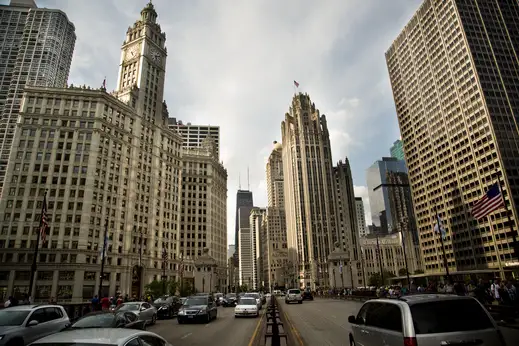 Wrigley Building and Tribune Tower exterior on N Michigan Ave in Streeterville
