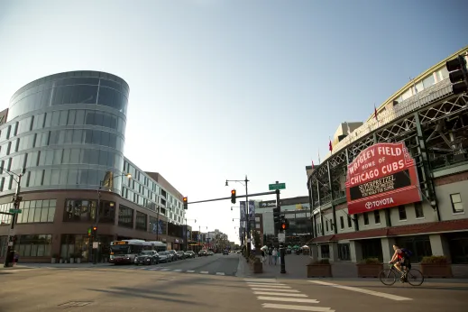 Wrigley Field marquee and main exterior on N Clark and W Addison St in Wrigleyville Chicago