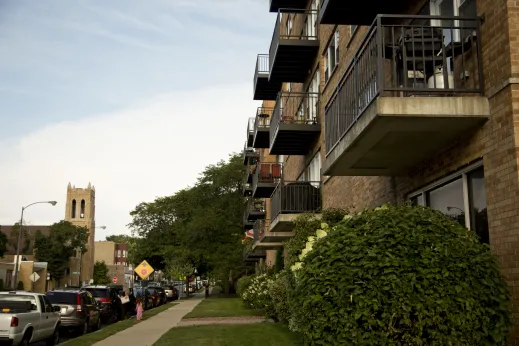 Apartment building balconies in Budlong Woods Chicago