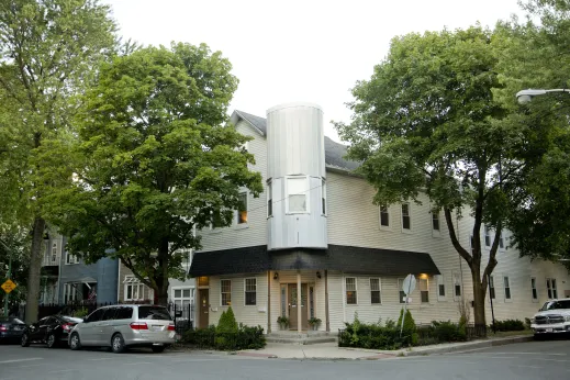 Apartment building on street corner in Hamlin Park Chicago