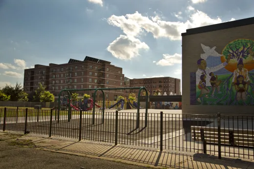 Apartments near school playground in Oakland Chicago