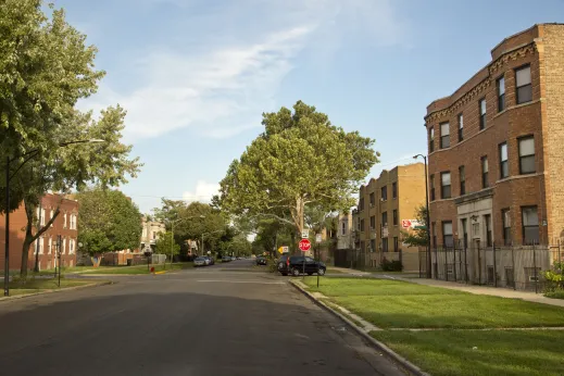 Apartments on neighborhood street in West Garfield Park Chicago