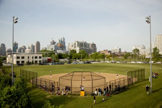 Baseball diamond playing field at Ping Tom Park in the South Loop Chicago