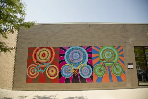 Bicycles and public art murals in Portage Park Chicago