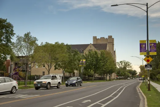 Bike lanes painted on neighborhood street near apartments in West Garfield Park Chicago