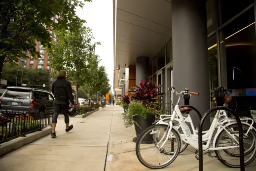 Bike rental parking outside apartment building in Dearborn Park Chicago