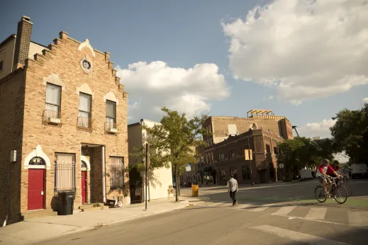 Brick apartment building facades on street corner in River West Chicago