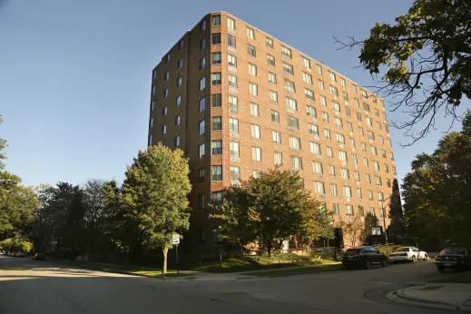 Brick apartment building on corner lot in Washington Park Chicago