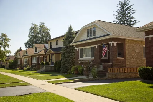 Brick bungalows along a residential street in Edison Park