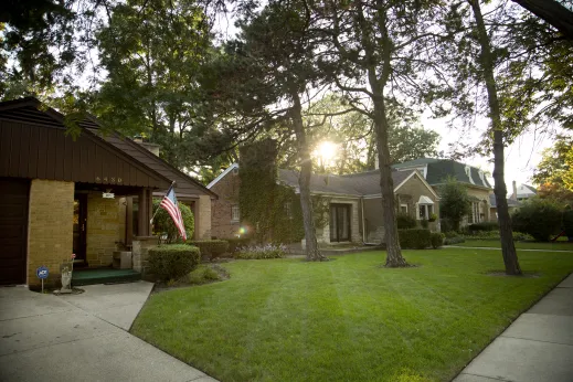 Brick houses and freshly mowed front lawn in Edgebrook Chicago