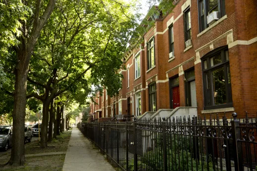 Brick rowhomes and iron fences with trees in Tri-Taylor