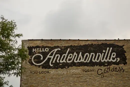 Brick sign building exterior on N Clark St in Andersonville Chicago