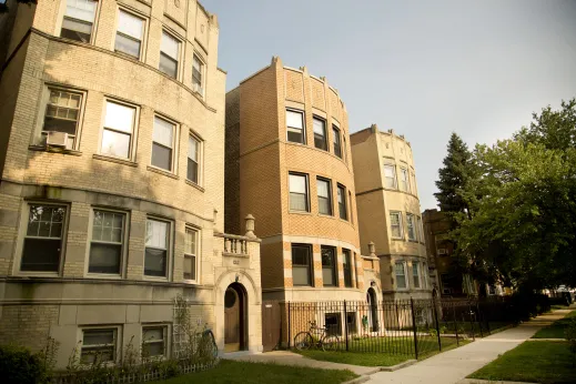 Brick three flat apartment building exteriors in Hollywood Park