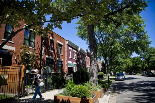 Brick two flat apartment buildings on front sidewalk in Ukrainian Village Chicago