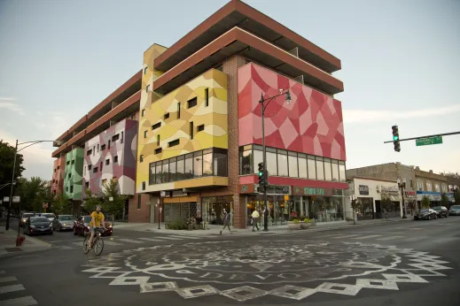 Brightly painted building on corner of N Rockwell St and W Devon Ave in West Ridge