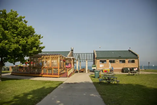 Cafe at 12th Street Beach in Chicago Park District with picnic tables on Lake Michigan in the South Loop