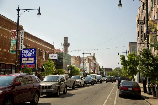 Cars and traffic on North Milwaukee Avenue in Portage Park Chicago