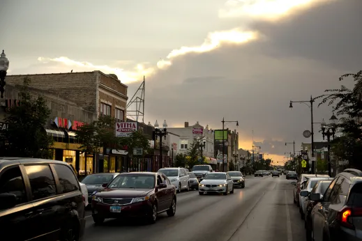 Cars with traffic on W Devon Ave in West Ridge Chicago