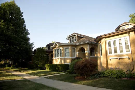 Classic Chicago bungalows and front lawns in West Ridge Chicago