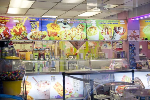 Colorful menu at snack shop in Albany Park Chicago