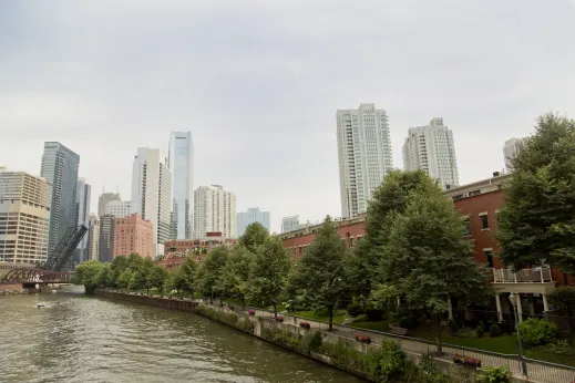 Condo building driveway on the Chicago River in Fulton Market Chicago