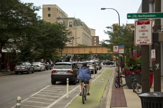 Cyclist on Church St in Evanston, IL