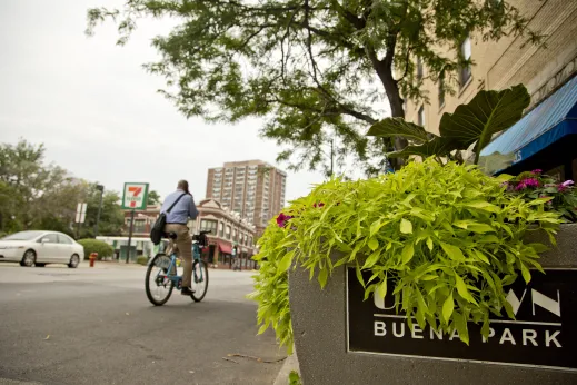 Cyclist community planter street in Buena Park Chicago
