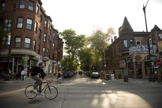 Cyclist at intersection in Lakeview Chicago