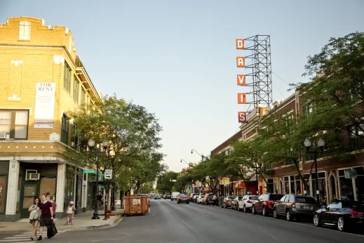 Davis Theatre sign on North Lincoln Avenue in Lincoln Square Chicago