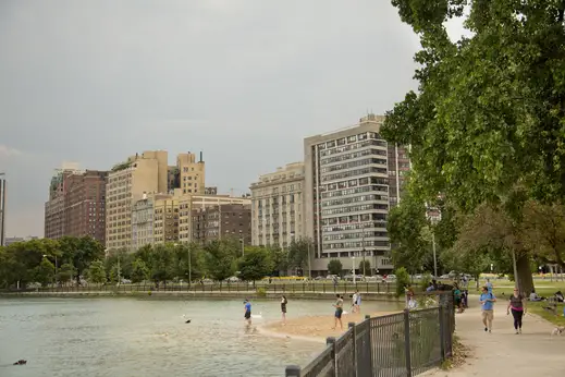 Dog friendly beach at Belmont Harbor in Lakeview Chicago