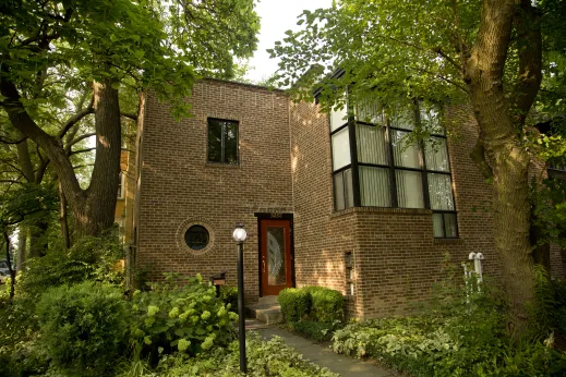 Early modern brick house with porthole style window and front door in Hollywood Park