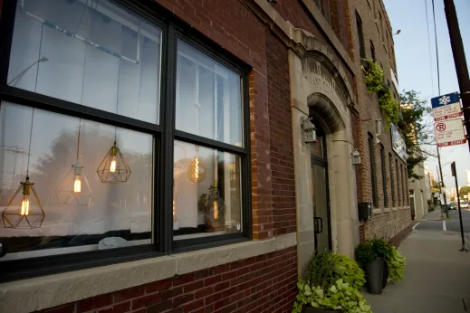 Edison bulbs in window display retail storefront on Near West Side Chicago