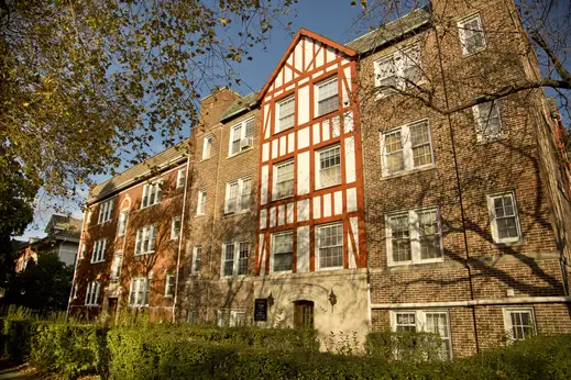 Exterior of Tudo style apartment building in Old Irving Park Chicago
