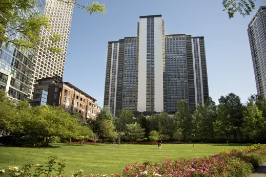 Family playing teeball in public park with apartments in Lakeshore East Chicago