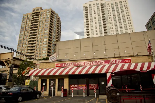 Fast food restaurant entrance and apartments in Fulton Market Chicago