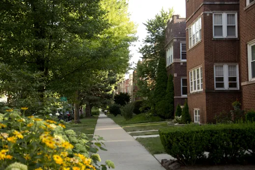 Front gardens and sidewalk apartments in Arcadia Terrace Chicago