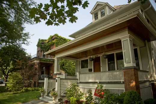 Front porch of historic home in Lakewood Balmoral Chicago