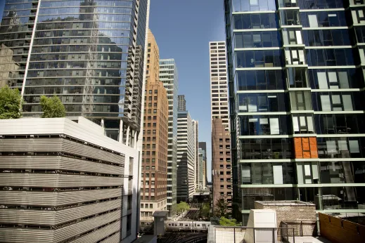 Glass facades of apartment buildings in downtown Chicago Loop