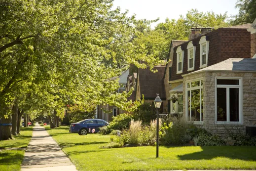Green front lawns and single family homes on a residential street in Edison Park
