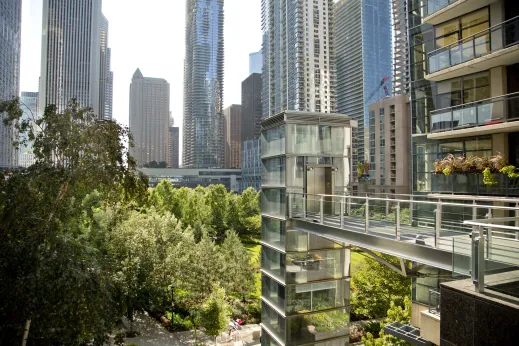 Green park in between highrise apartment buildings in Lakeshore East Chicago