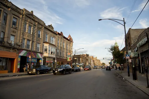 Ground floor retail shops below apartments in North Lawndale Chicago