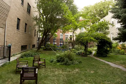 Hammock and lawn chairs in apartment front yards and gardens in East Village Chicago