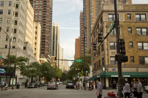 Intersection and apartment buildings in the Gold Coast Chicago