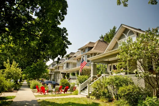 Lawn furniture and front porches on houses in Portage Park Chicago