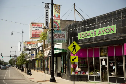 Local business entrances on North Milwaukee Avenue in Portage Park Chicago