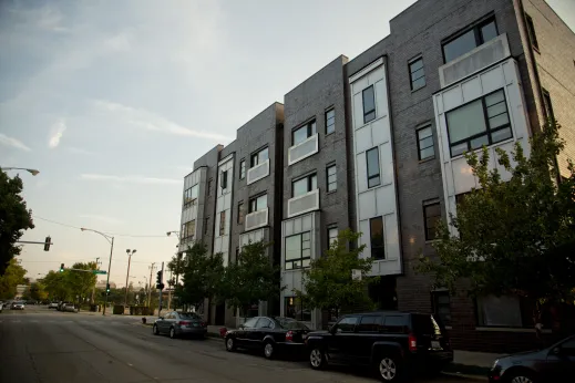 Modern apartment building exterior on Near West Side Chicago