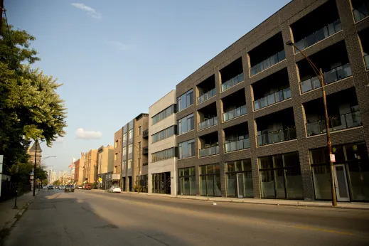 Modern apartment building balconies and first floor retail space on Near West Side