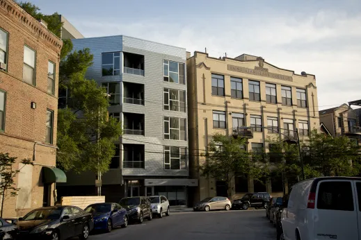 Modern apartment next to vintage building in Noble Square Chicago