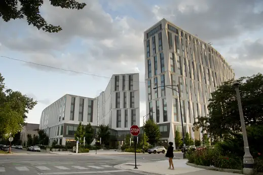 Modern Hyde Park apartment building exterior of University Of Chicago campus in Hyde Park